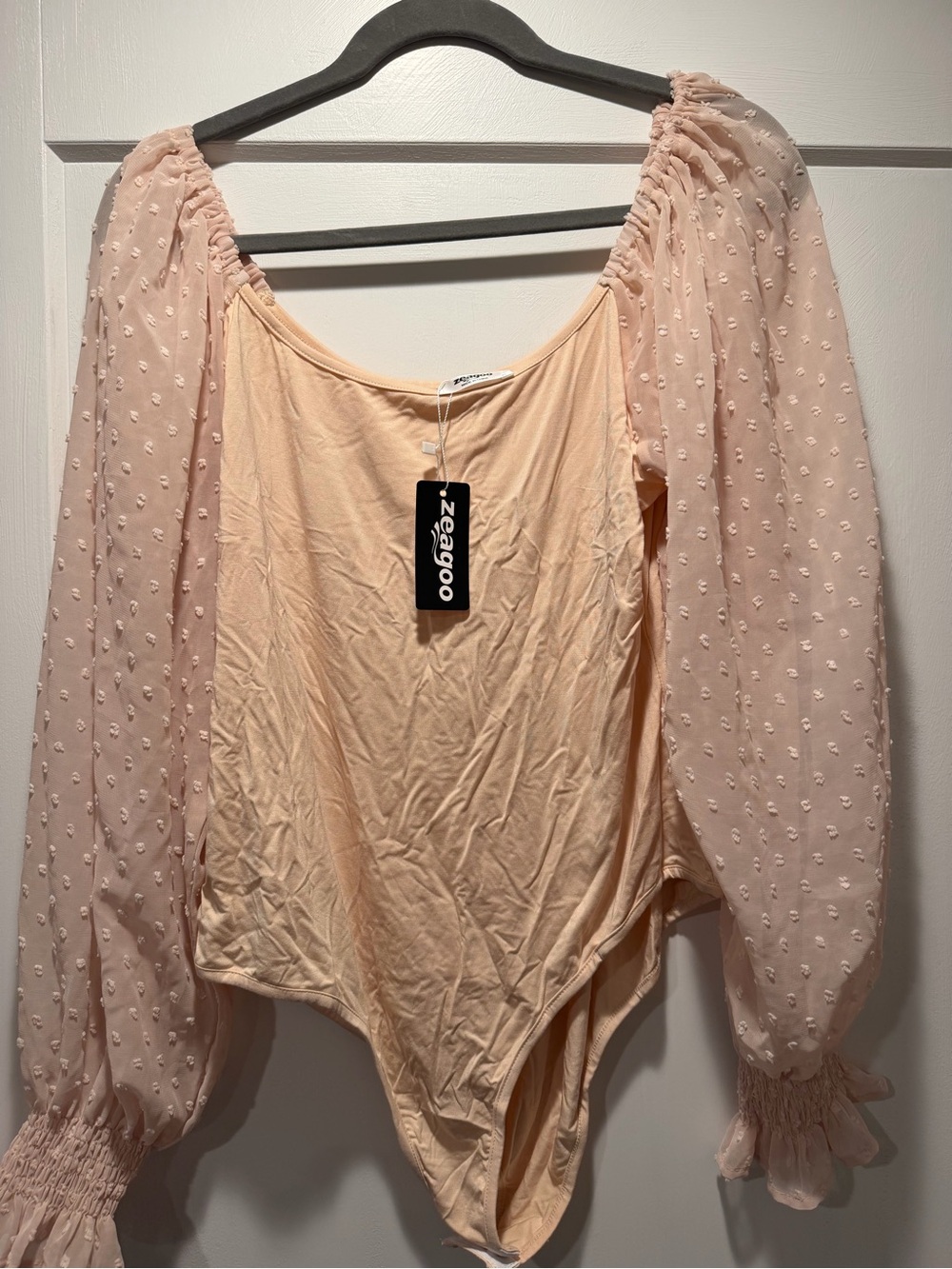 zeagoo Blush Pink Sheer Puff-Sleeve Bodysuit